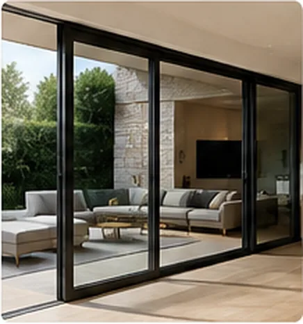 Large aluminium stacker door connecting a modern living area and outdoor space